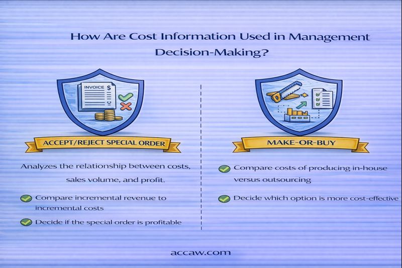 How are cost information used in management decision-making (accept/reject a special order, make-or-buy)?