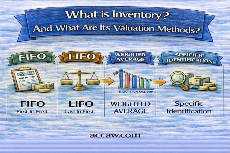 What is inventory? What are its valuation methods (FIFO, LIFO, Weighted Average, Specific Identification)?