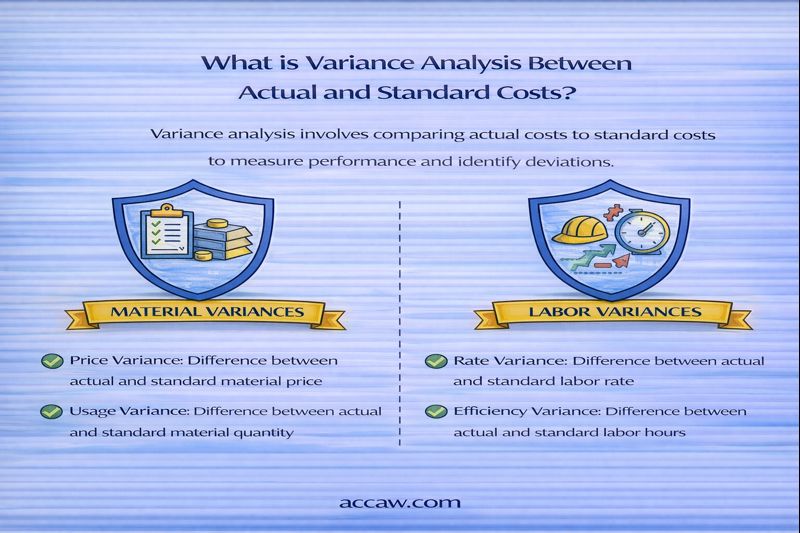 What is variance analysis between actual and standard costs (material, labor variances)?